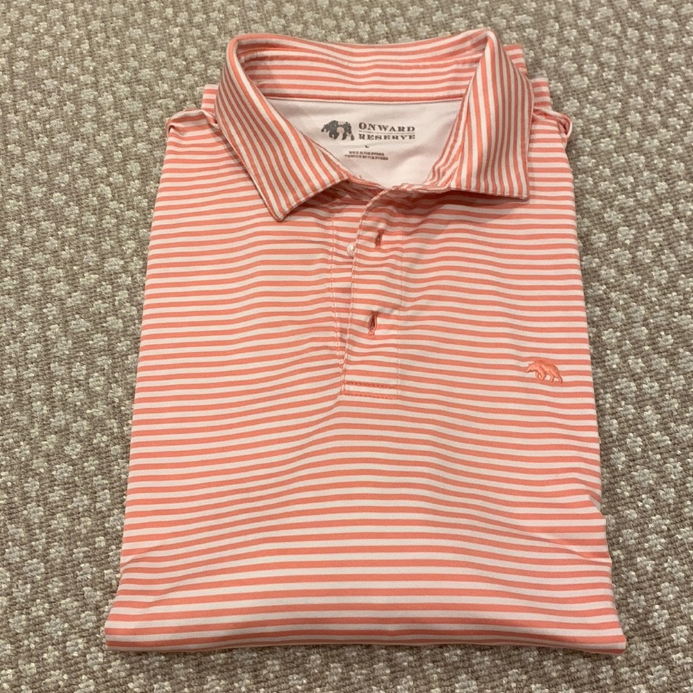Mens SZ L orange and white stripe shirt sleeve polo